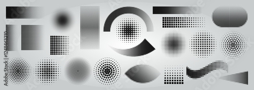 Shape geometric dot. Halftone geometric element with square, circle and line. Pixel color symbol, minimal tone pattern. Half-gradient round. Decorative background design. Comic art vector isolated set