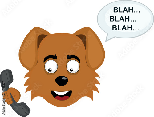 vector illustration emoji character face dog cartoon, talking on the phone and a speech bubble with the text blah
