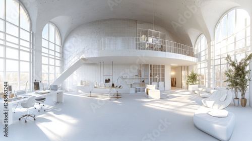 360 degree full panorama environment map of empty office loft interior with white tiled floor and bright day lighting 3d render illustration hdri hdr vr virtual reality content
