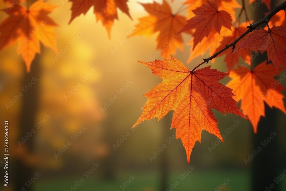Autumnal scene with orange maple leaves against soft focus background, leaves, branches Autumnal scene with orange maple leaves against soft focus background, leaves, branches