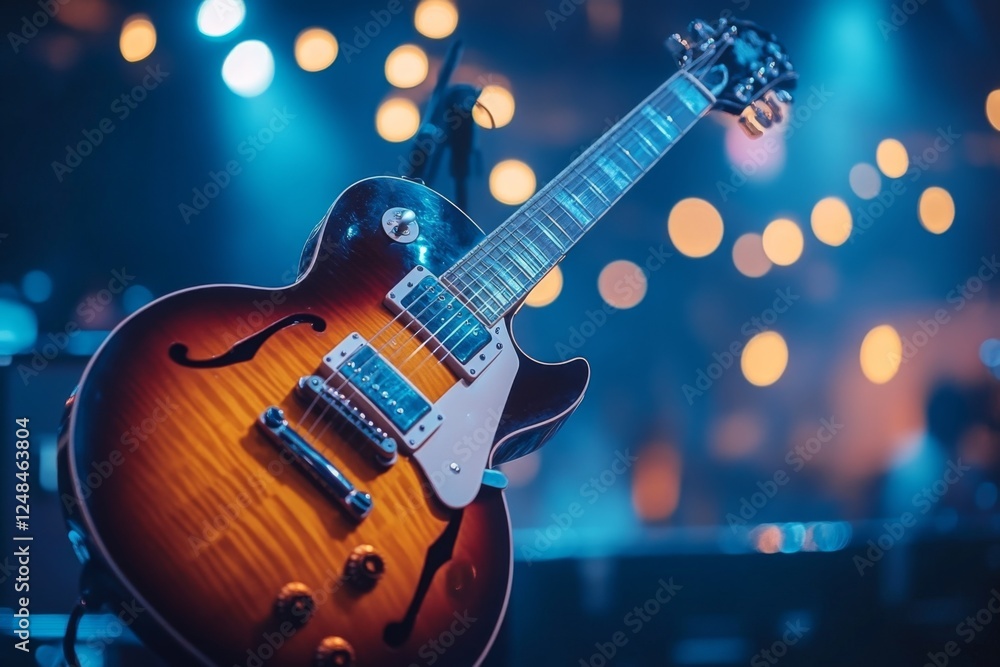 Fototapeta premium Electric guitar with colorful stage lights in the background