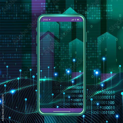 Mobile GPS. Navigation technology for smartphone. Wireframe surface with sparkles. Binary code. Phone screen. Network data. Cyber positioning. Cellphone interface. Digital navigator. Vector background