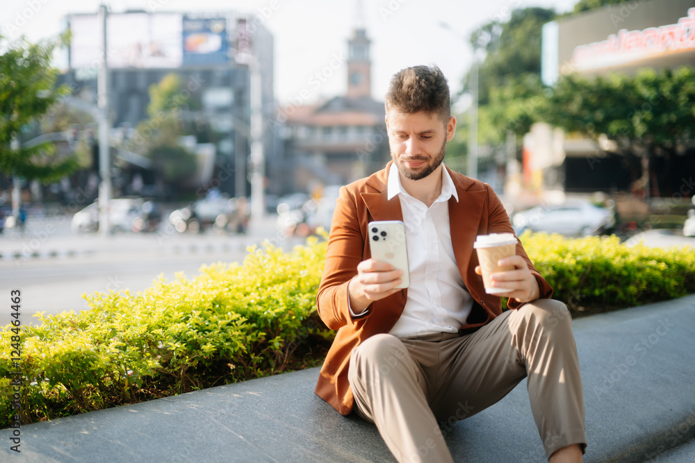 Fototapeta premium Successful businessman works outdoors near the office holds a tablet