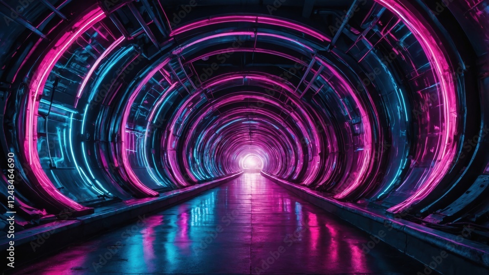 An enchanting view of a circular tunnel with concentric layers of neon lights, leading to a bright opening, evoking a sense of motion and energy. An enchanting view of a circular tunnel with concentric layers of neon lights, leading to a bright opening, evoking a sense of motion and energy.