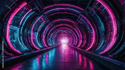 An enchanting view of a circular tunnel with concentric layers of neon lights  leading to a bright opening  evoking a sense of motion and energy.