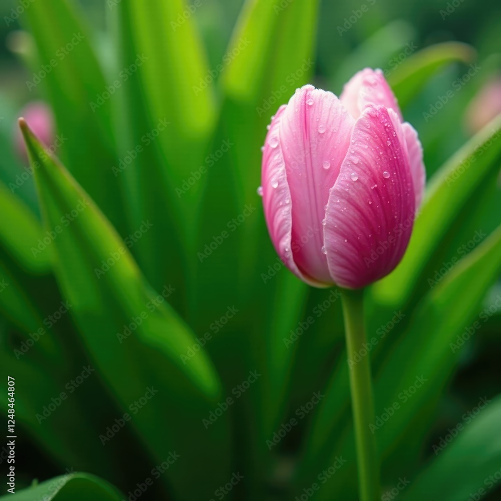 Delicate pink blossom petals unfolding against emerald green foliage with dew drops, garden, nature, spring Delicate pink blossom petals unfolding against emerald green foliage with dew drops, garden, nature, spring