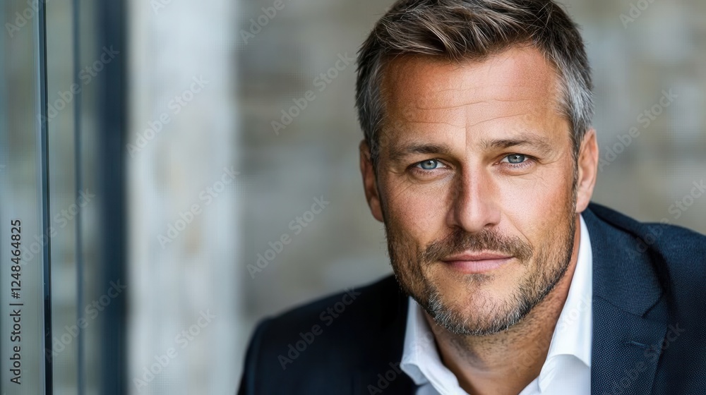 Confident and professional looking young businessman in a suit and tie posing for a corporate headshot in a modern indoor studio setting He has a calm Confident and professional looking young businessman in a suit and tie posing for a corporate headshot in a modern indoor studio setting He has a calm