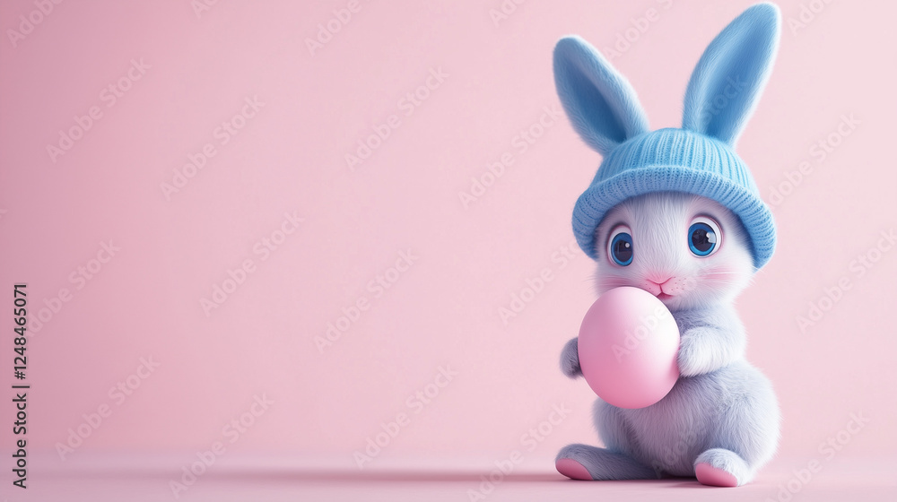 Fototapeta premium A small bunny holds an Easter egg on a flat background, ready for personalization.