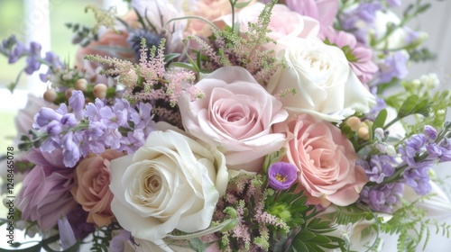 Pastel roses wedding bouquet, window, garden view