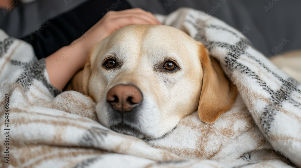 A dog is laying on a blanket with its head on a person's shoulder A dog is laying on a blanket with its head on a person's shoulder