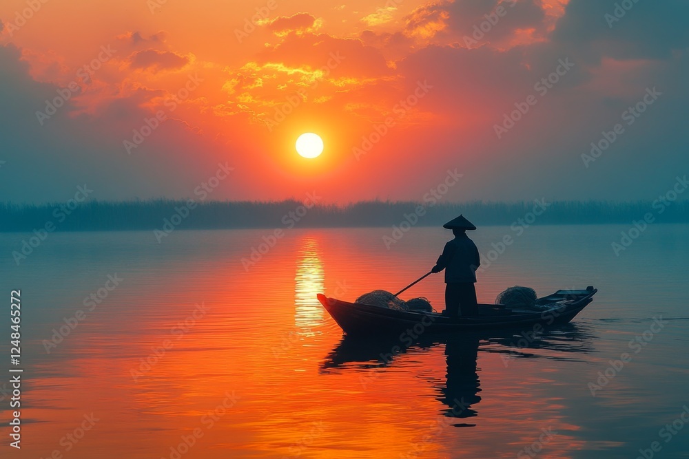 Serene sunrise over a lake with a person kayaking Serene sunrise over a lake with a person kayaking