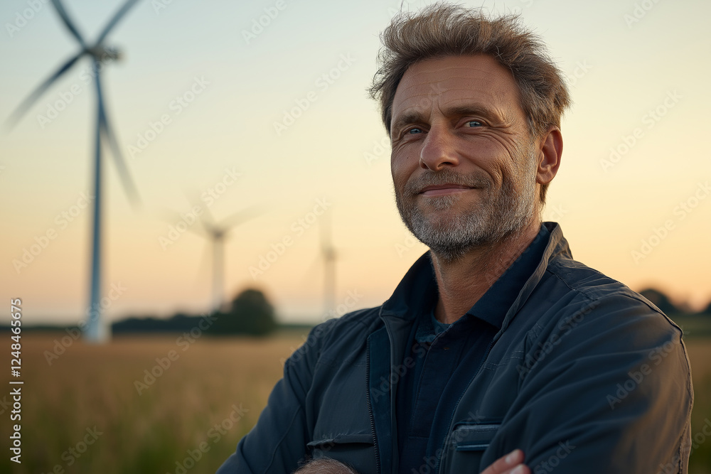 A man with a beard and gray hair is smiling in front of a wind farm A man with a beard and gray hair is smiling in front of a wind farm