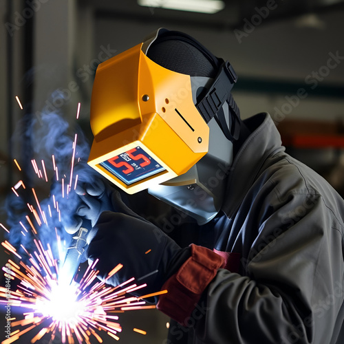 Gouging welding spark fire industrial welder wear safety protective mask construction repair tank oil photo