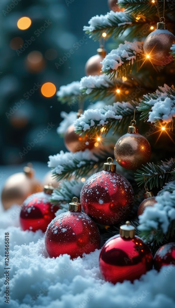 Glittering ornaments amidst snow-covered trees, decorative balls, sparkly objects Glittering ornaments amidst snow-covered trees, decorative balls, sparkly objects