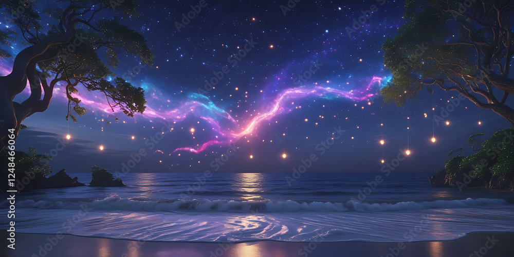 a vibrant constellation sprawled across the starry night sky above a lush, dense beach, created by generative ai a vibrant constellation sprawled across the starry night sky above a lush, dense beach, created by generative ai