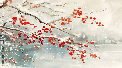 Red berries and snow winter scene