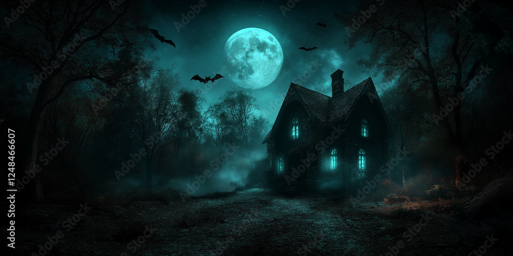 A house with bats flying around it and a full moon in the background A house with bats flying around it and a full moon in the background