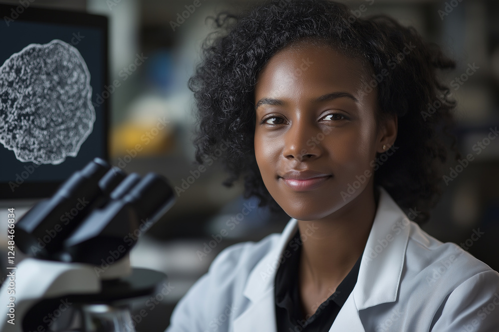 A woman wearing a lab coat and standing in front of a microscope A woman wearing a lab coat and standing in front of a microscope