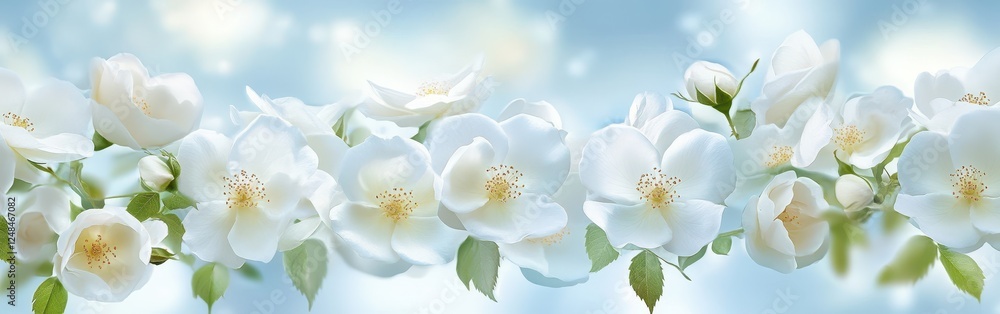 Obraz premium Delicate white blossoms on a branch against a soft blue background.