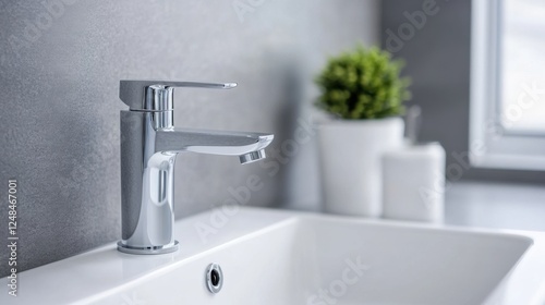 Modern Chrome Faucet and Minimalist Sink Design in Bright Bathroom Environment with Green Plant Decor