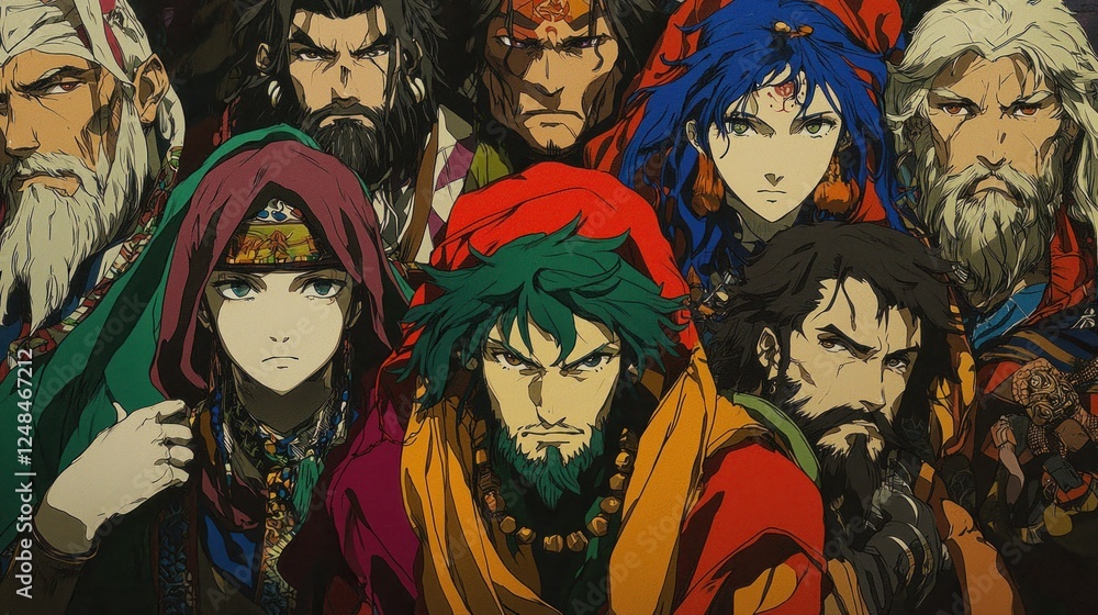 Animated characters, group portrait, fantasy, Asian-inspired Animated characters, group portrait, fantasy, Asian-inspired