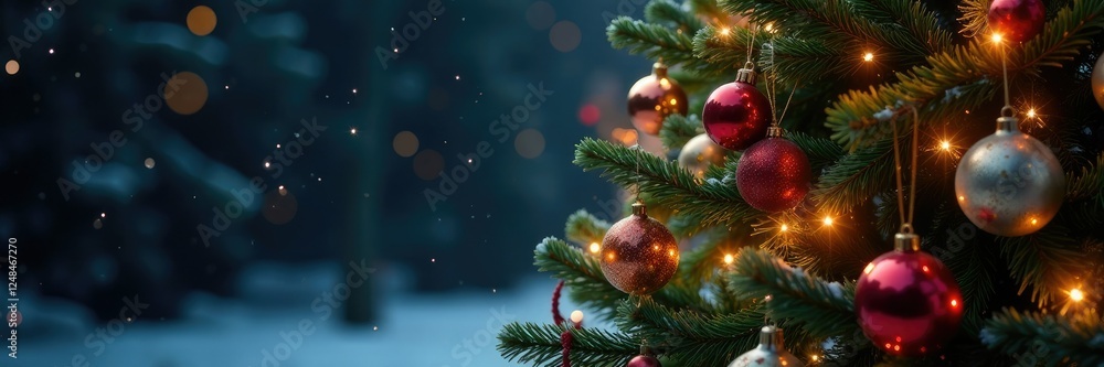 Ornate decorated Christmas tree with ornaments and lights, ornate, winter wonderland Ornate decorated Christmas tree with ornaments and lights, ornate, winter wonderland