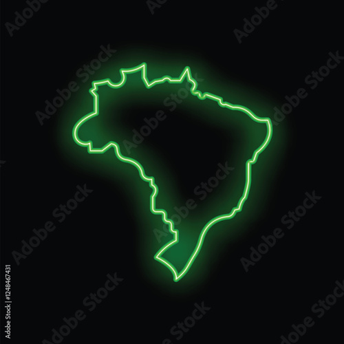Green neon sign representing the south american country brazil glowing on a black background