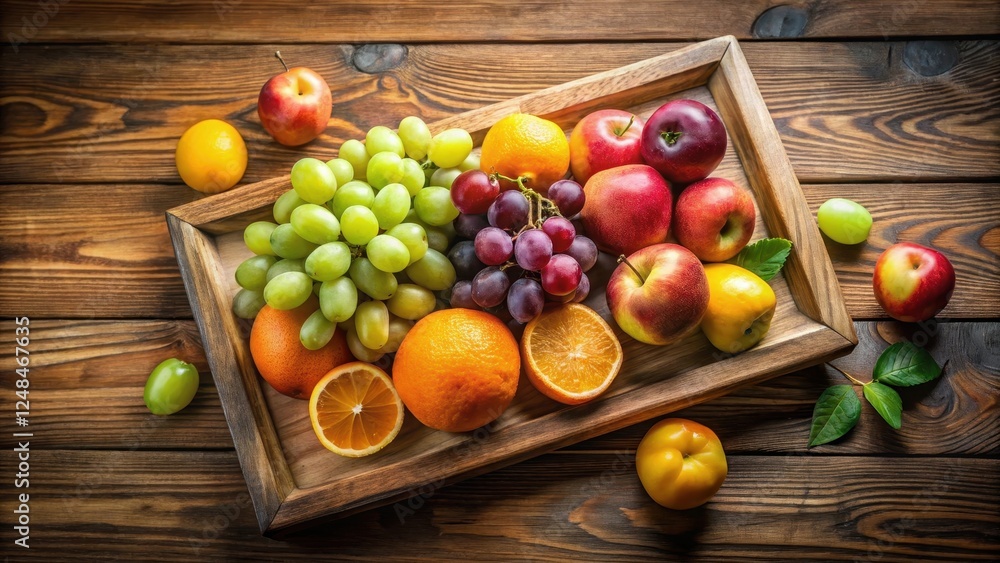 A Wooden Tray Overflowing with a Bountiful Harvest of Fresh, Juicy Fruits, Including Apples, Oranges, Grapes, and Plums, Arranged on a Rustic Wooden Surface A Wooden Tray Overflowing with a Bountiful Harvest of Fresh, Juicy Fruits, Including Apples, Oranges, Grapes, and Plums, Arranged on a Rustic Wooden Surface