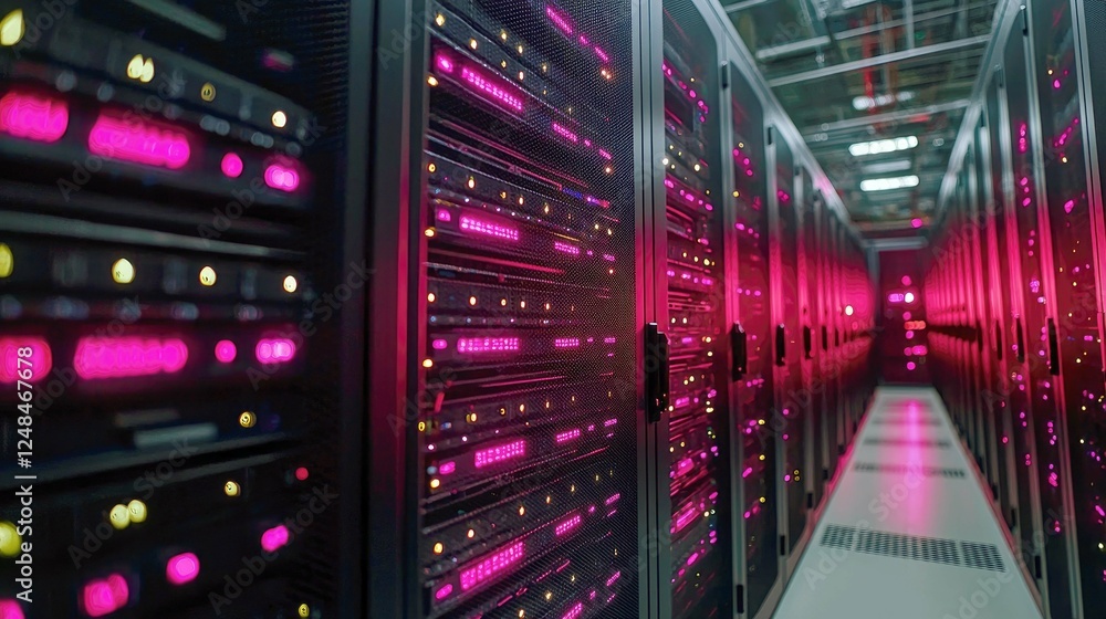 Naklejka premium Exploring the Digital Core: A Journey into the Heart of a Modern Data Center. High-tech servers and advanced technology illuminate the path to the future of computing.