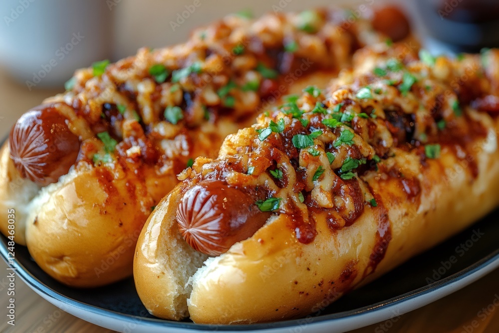 Gourmet hot dogs topped with savory garnish Gourmet hot dogs topped with savory garnish