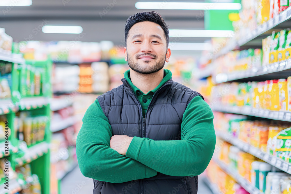 Confident supermarket employee standing in a well-stocked aisle, representing professionalism and customer service in retail. Confident supermarket employee standing in a well-stocked aisle, representing professionalism and customer service in retail.