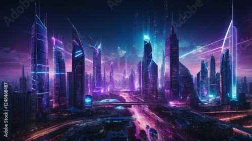 Another stunning image of a futuristic city, showcasing towering buildings with bright neon lights and a bustling atmosphere, evoking a sense of advanced technology and innovation.