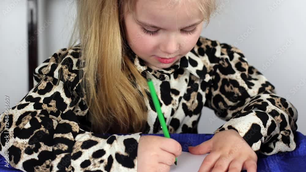 The child draws with pencils. A little girl is sitting at the table, she has many pencils. A child is learning to draw, a creative girl. Learning at home