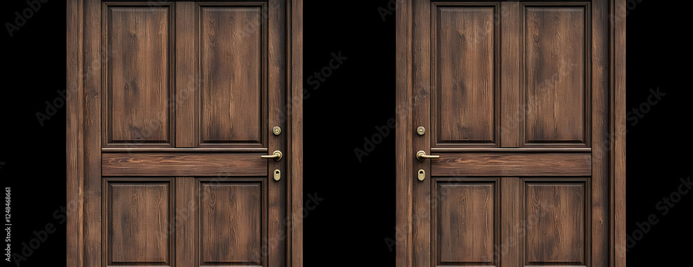 Two brown wooden doors, black background, home design Two brown wooden doors, black background, home design