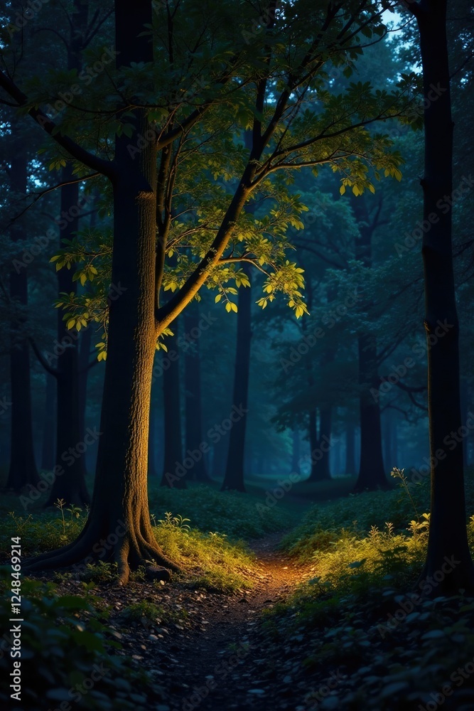 Naklejka premium Tree branches glowing softly in the forest night, nature, foliage