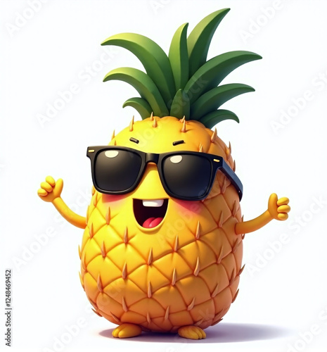 Cool Pineapple Character with Sunglasses, Fun 2D Kids Illustration on White Background

