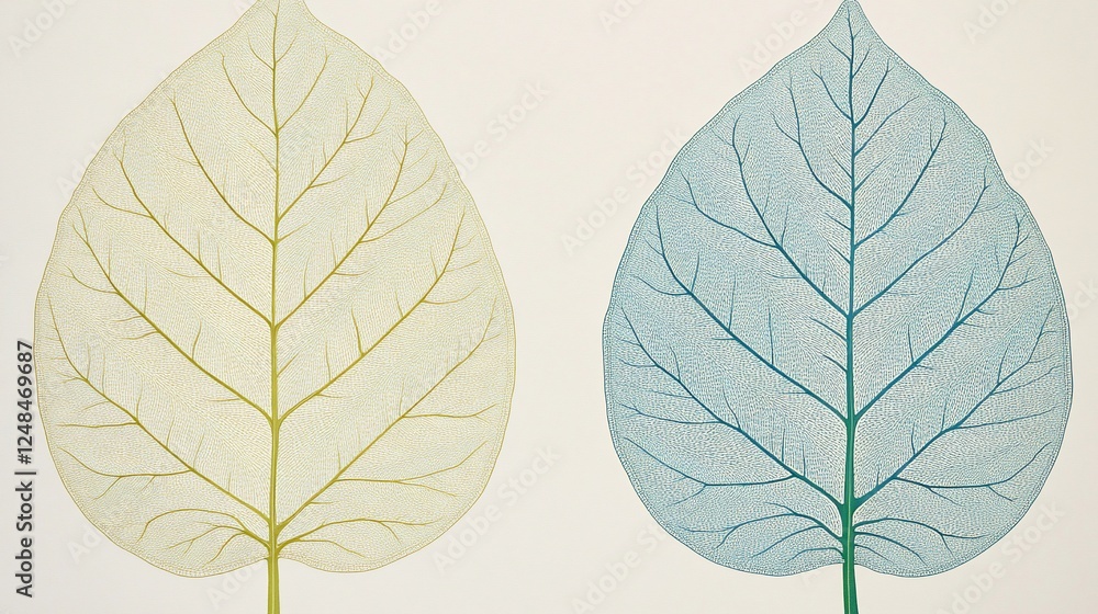 Obraz premium Two translucent leaves, one yellow-green, one blue-green, showcasing intricate vein patterns against a white background.