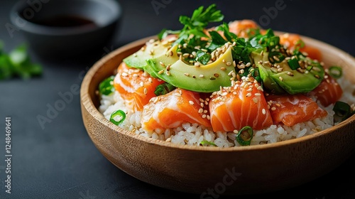 Fusion Sushi Bowl with Crispy Rice Base and Fresh Toppings   A Delightful Blend of Japanese and Modern Culinary Influences Featuring Vibrant Ingredients and a Visually Appealing Presentation photo