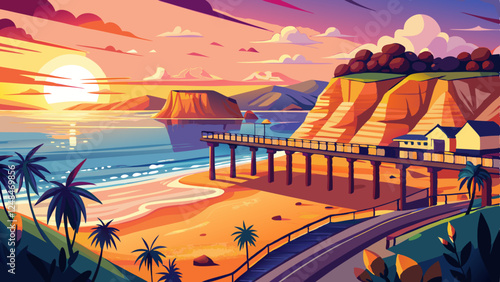 Panoramic View: Empty Beach, Pier, and Dramatic Bluff at Sunset