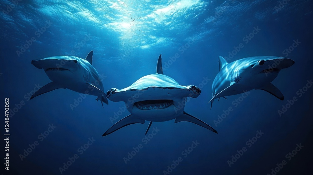 Fototapeta premium Group of hammerhead sharks swimming in the deep blue ocean