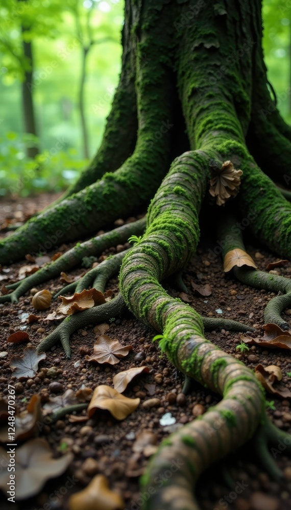 Fototapeta premium Twisted tree roots snaking through forest floor, forest decay, fungi growth