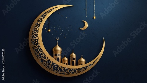 A refined image featuring a crescent moon with a mosque silhouette, embellished with intricate designs, set against a deep blue background.