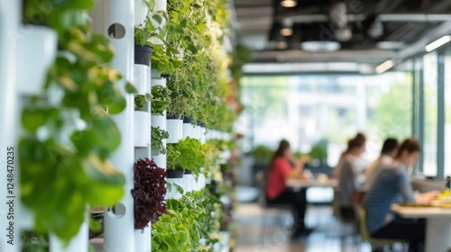 Modern urban farm inside an office building- with people eating lunch in the background while plants grow on white walls and green sustainable technology elements.