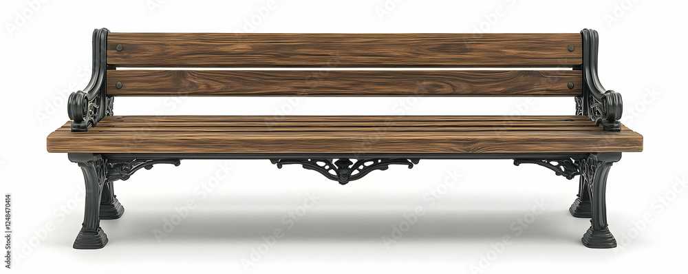 Fototapeta premium Wooden park bench, white background, outdoor setting