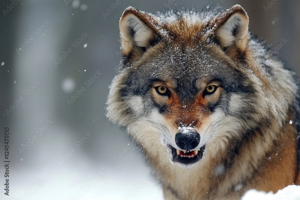 Majestic wolf staring intently in snowy forest Majestic wolf staring intently in snowy forest