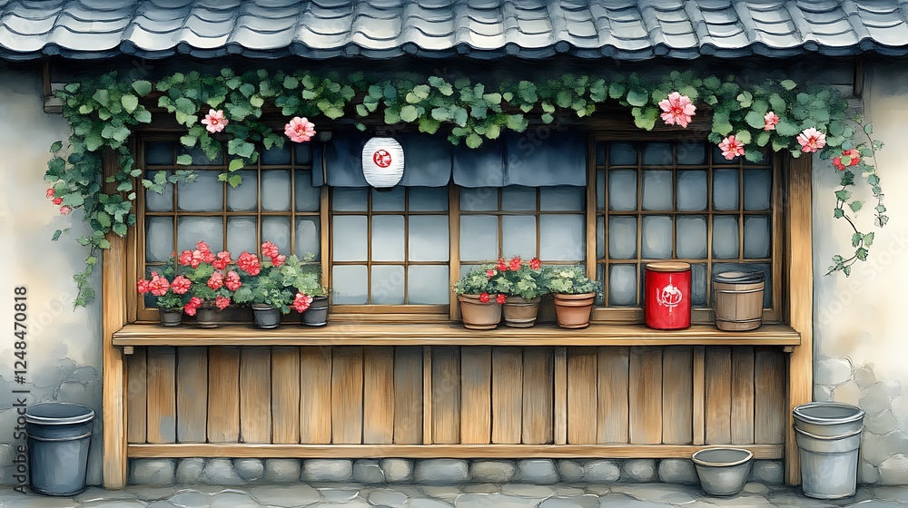 Fototapeta premium Tranquil Japanese storefront with flowers and window