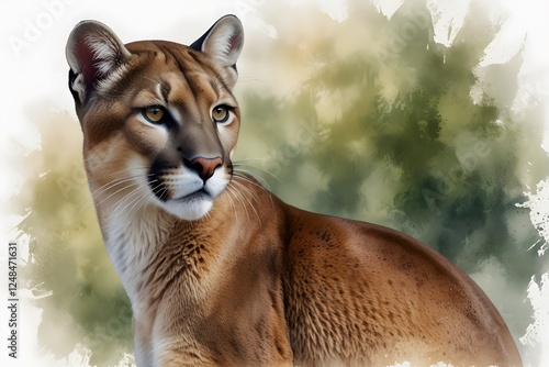 Portrait of a cougar with a blurred background in watercolor style photo