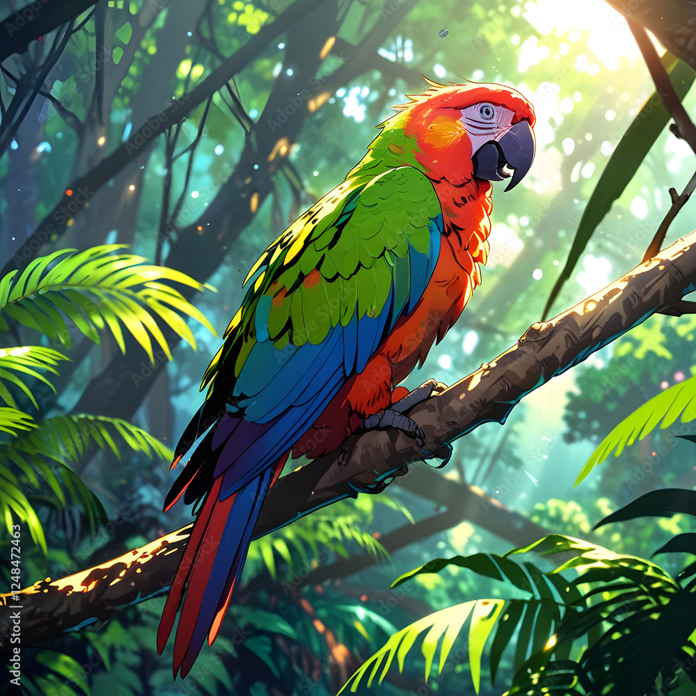Obraz premium A vibrant parrot perched on a branch in a rainforest, colorful feathers, detailed and intricate, tropical wildlife 4