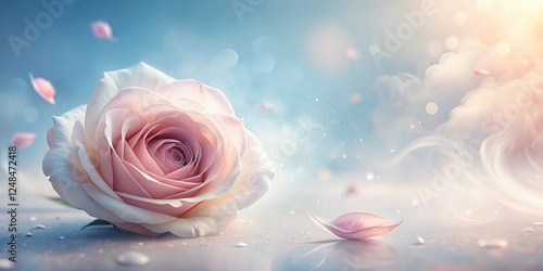 A Delicate Pink Rose Resting on a Sparkling Surface with Falling Petals and Soft, Dreamlike Lighting
