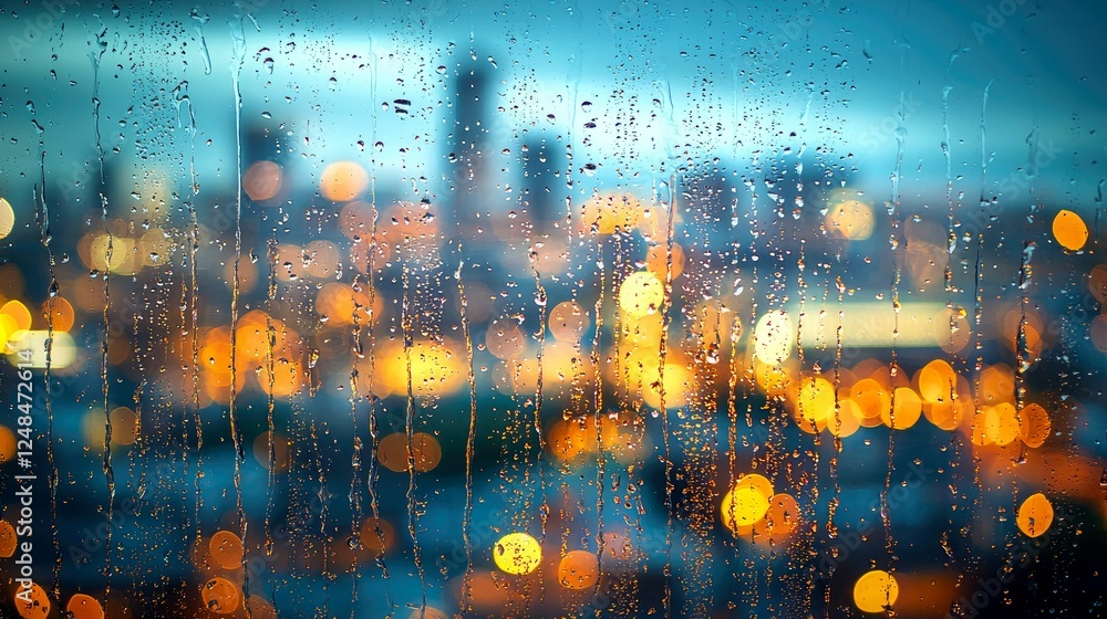 Obraz premium Rainy Night Cityscape: Captivating View Through a Rain-Streaked Window. Urban Lights Blurred by Falling Water Drops, Creating a Dreamy, Atmospheric Scene.